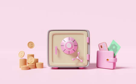 Safe box full of coins stack with wallet,credit card,banknote isolated on pink background.investment,saving money,business banking finance concept,3d illustration or 3d renderの写真素材