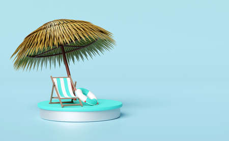 cylinder stage podium with beach chair,palm leaf,umbrella,lifebuoy isolated on blue background.shopping summer sale,summer travel concept, 3d illustration or 3d renderの写真素材