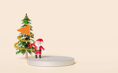 silver podium with santa claus,christmas tree,flag isolated on beige background.website,poster or...