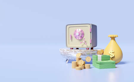cylinder podium marble with safe box,coins stack,banknote,bag money dollar isolated on purple background.,business banking concept ,3d illustration or 3d renderingの写真素材