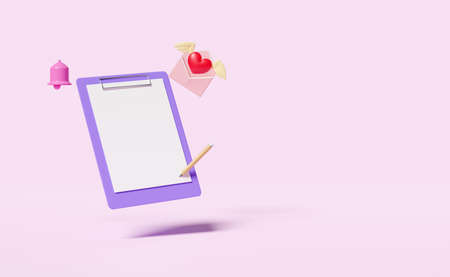empty checklist with wings,flying envelope,bell,pencil isolated on pink background.notify newsletter,online incoming email,health love,world heart,valentine's day concept,3d illustration,3d renderの写真素材