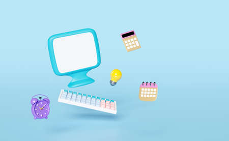 laptop computer monitor with yellow light bulb isolated on blue background.idea tip concept,3d illustration,3d renderの写真素材