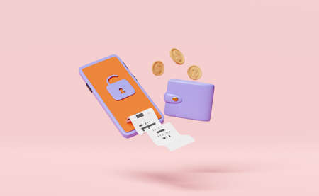 mobile phone,smartphone with wallet,dollar coin,unlock, invoice,paper receipt isolated on pink...