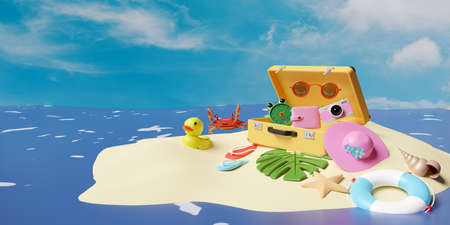 summer travel with yellow suitcase, ,island,camera,alarm clock, duck,sandals,palm...