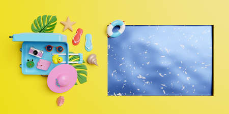 summer travel with blue suitcase,sunglasses,hat,palm leaf,lifebuoy,sandals,starfish,space,sea water,shellfish,alarm clock isolated on yellow background.top view ,concept 3d illustration,3d renderの写真素材