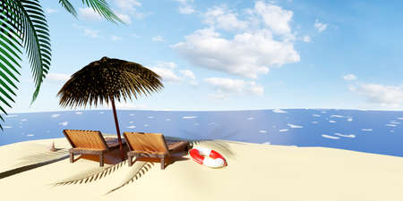 beach chair wooden with umbrella,palm tree,lifebuoy,seaside,shellfish,island isolated on blue sky background.summer travel concept,3d illustration or 3d renderの写真素材
