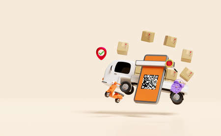 mobile phone, smartphone with truck, qr code scanning, goods cardboard box isolated on beige...
