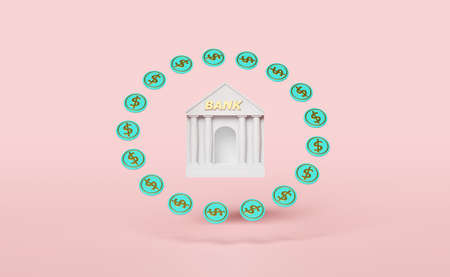 bank or tax office building with gold dollar coins isolated on pink pastel background. bank financing, money exchange concept, 3d illustration or 3d renderの写真素材