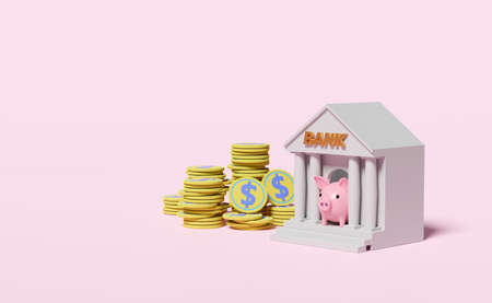 bank or tax office building with dollar coin, piggy bank  isolated on pink background. saving money concept, 3d illustration, 3d renderの写真素材