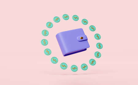 wallet with dollar coins saving money concept isolated on pink background. 3d illustration or 3d renderの写真素材