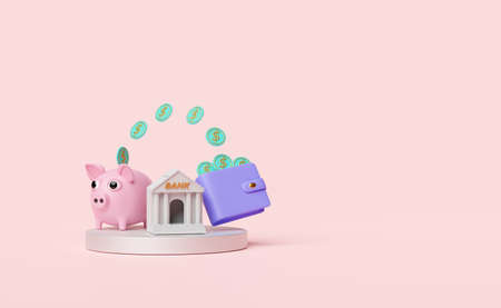 bank or tax office building with dollar coin, piggy bank, wallet, stage podium isolated on pink background. saving money concept, 3d illustration, 3d renderの写真素材