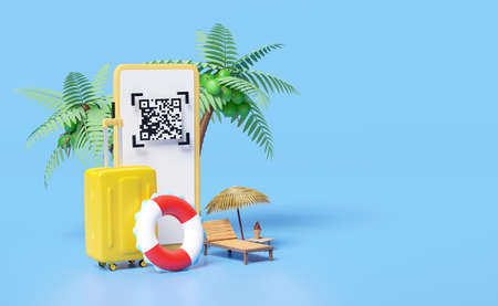 mobile phone, smartphone with lifebuoy, umbrella, palms, chair, qr code scanning, suitcase isolated...