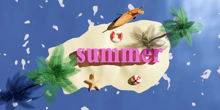 summer travel with ball, coconut palm tree, starfish, lifebuoy, island isolated on sea water. abstract background, 3d illustration or 3d renderの写真素材