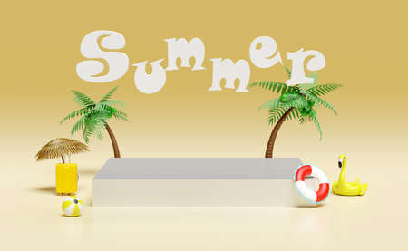 cube stage podium with palms, suitcase, inflatable flamingo, lifebuoy, umbrella isolated on yellow background. online shopping, summer travel vacation concept, 3d illustration, 3d renderの写真素材