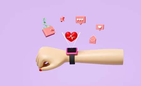 Smart watch wrist with hologram blood pressure heart rate app monitor, social media, like notifications, envelope, wallet isolated on purple. valentine day concept, 3d illustration, 3d renderの写真素材
