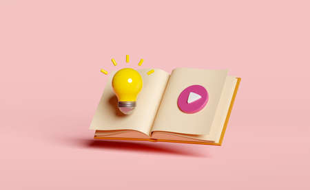 yellow light bulb with open book, play button isolated on pink background. idea tip education,...