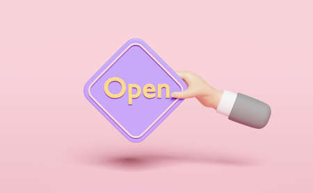 businessman hands holding purple label open isolated on pink background. concept 3d illustration or...