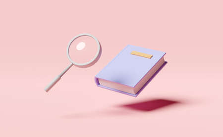 Textbook, book with magnifying glass icon isolated on pink background. 3d render illustration