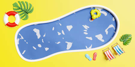 summer travel with beach chair, monstera palm leaf, lifebuoy, sandals, sea water, inflatable duck...