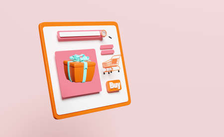 orange mobile phone, smartphone with store front, buy label tag, magnifying glass, cart, gift box...