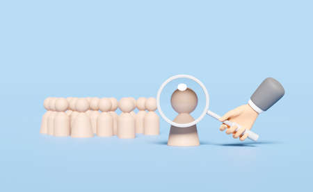 wooden figures with businessman hands holding magnifying glass isolated on blue background. recruitment staff concept, 3d illustration, 3d renderの写真素材