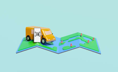 3d orange truck, delivery van with mobile phone, smartphone, map, pins, qr code scanning isolated on...