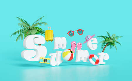 summer travel concept with lifebuoy, ball, coconut palm tree, sandals, suitcase, sunglasses, camera, hat isolated on blue. abstract background, 3d illustration or 3d renderの写真素材
