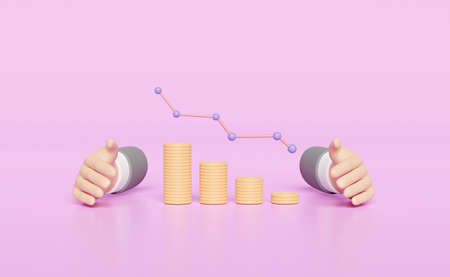 businessman hands protecting money coins stacks with charts and graph isolated on pink background. concept minimal abstract, 3d render illustrationの写真素材