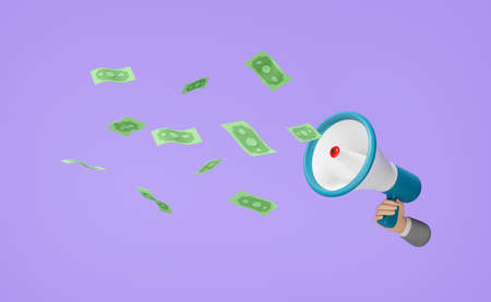 businessman hand hold megaphone, hand speaker with banknote isolated on purple background. business finance, banking, investment concept, 3d illustration, 3d renderの写真素材