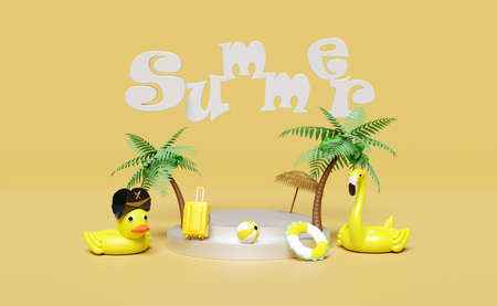 Cylinder stage podium with palms tree, suitcase, inflatable flamingo, duck, lifebuoy, umbrella...