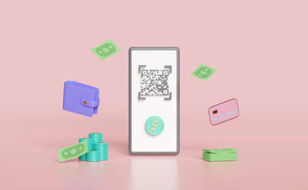 mobile phone or smartphone with barcode, qr code scanning, wallet, banknotes, credit card, coin...