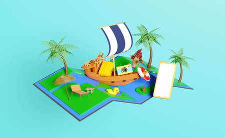 3d ship with smartphone, map, pin, umbrella, palm, tree, camera, suitcase, lifebuoy, beach chair,...