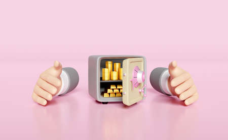 businessman hands protecting, open safe box, money coins stacks, gold bar isolated on pink...