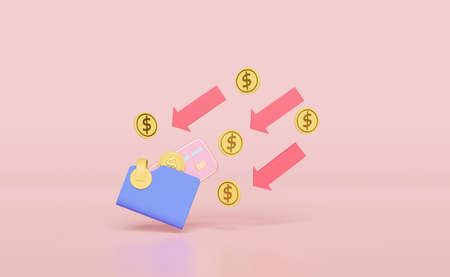 3d wallet with credit card, stacked coin money isolated on pink background. transfer arrows,...