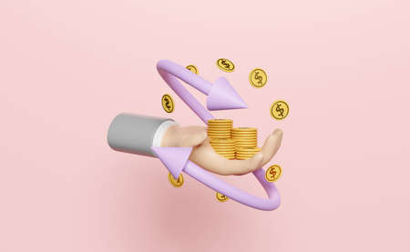 businessman hands holding stacked coin money isolated on pink background. transfer arrows, cashback,...