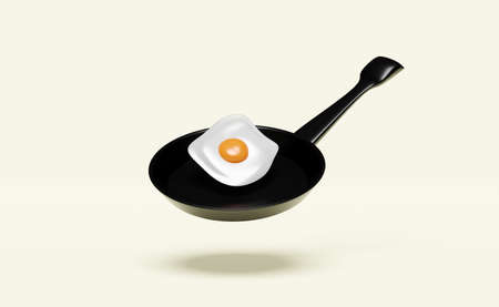 Fried eggs on frying pan for healthy breakfast fried egg isolated on cream color background. Concept...