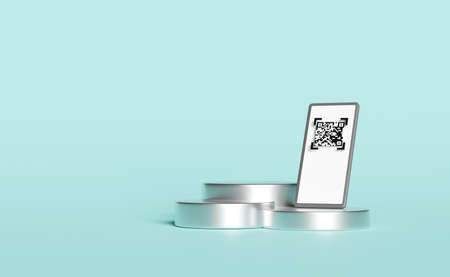 silver mobile phone or smartphone with stage podium empty, barcode, qr code scanning, check mark isolated on blue background. online shopping concept, 3d illustration, 3d renderの写真素材