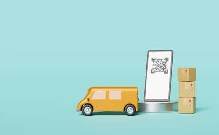 3d truck, delivery van with podium, mobile phone, smartphone, qr code scanning, goods cardboard box...