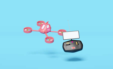 Four propeller drone with mobile phone, smartphone, control panel camera isolated on blue background. controlling toy remote concept, 3d illustration, 3d renderの写真素材