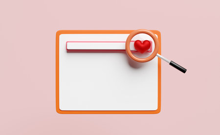 magnifying glass with red heart, mobile phone, smartphone isolated on pink background. find love, health love or world heart day concept, 3d illustration, 3d renderの写真素材