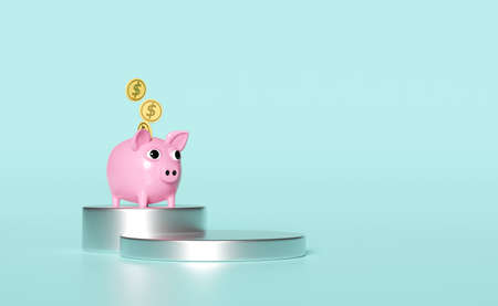 silver cylinder podium with piggy bank, money coins isolated on blue background. saving money concept, 3d illustration, 3d renderの写真素材