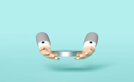 cartoon character businessman hand hold silver cylinder stage podium empty isolated on blue background. 3d illustration, 3d renderの写真素材