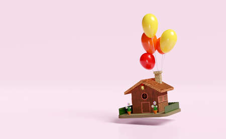 3D model wooden house with balloon, flower pot, fence isolated on pink background. concept 3d illustration, 3d renderの写真素材