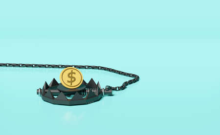 Bear Trap with money coin dollar isolated on blue background. business trap, scammer concept, 3d illustration, 3d renderの写真素材