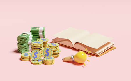 yellow light bulb with money banknote, coins stacks, pencil, open book isolated on pink background. idea tip education, knowledge creates ideas concept, 3d illustration, 3d renderの写真素材