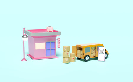 3d delivery van with store front, mobile phone, smartphone, qr code scanning, goods cardboard box isolated on blue background. service, transportation, shipping concept, 3d render illustrationの写真素材