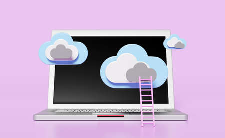 laptop computer with cloud, ladder or stairs isolated on purple background. cloud storage download, upload, data transfering, datacenter connection network concept, 3d illustration, 3d renderの写真素材