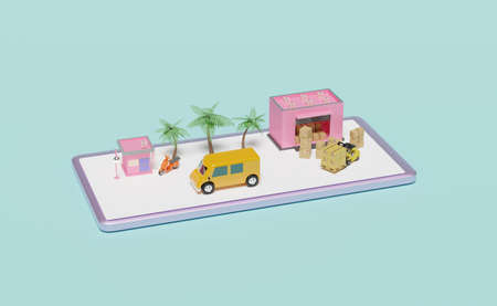mobile phone, smartphone with warehouse, scooter, truck, building shop store, forklift, box isolated...
