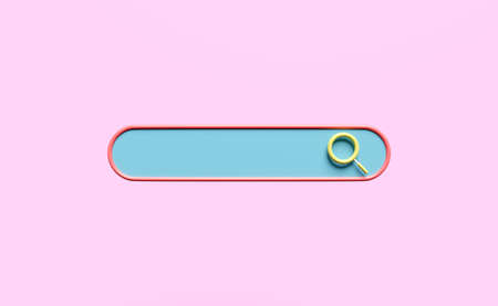 blue search bar blank with magnifying glass isolated on pink background. minimal web search engine or web browsing concept, 3d illustration or 3d renderの写真素材