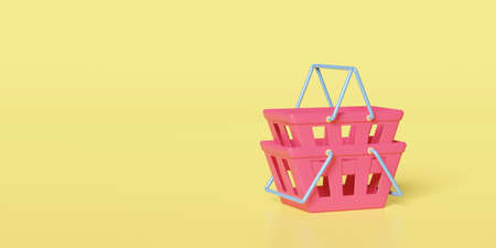 Empty pink shopping carts or basket isolated on yellow background. Concept 3d illustration or 3d renderの写真素材